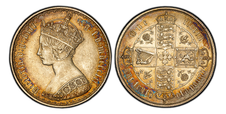 1086816 GREAT BRITAIN. Victoria. (Queen, 1837-1901). 1852 AR Gothic Florin, Two Shillings. PCGS MS63.  Edge: Milled. BRIT... Without die number / Crowned shields of England, Scotland and Ireland in cross formation with flowers at corners. KM 746.1...