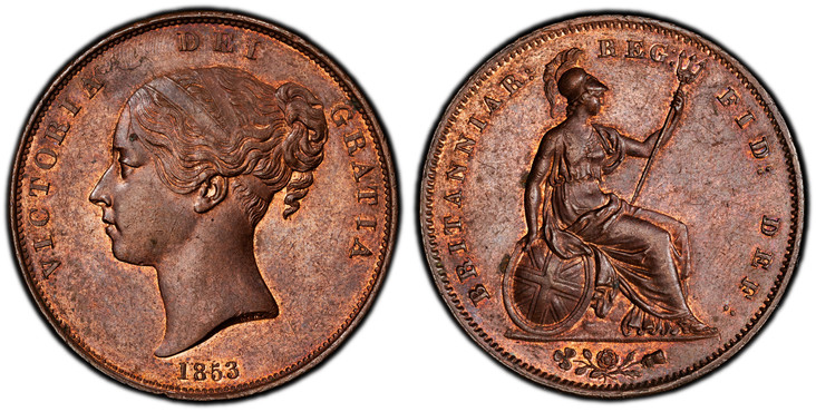 1086826 GREAT BRITAIN. Victoria. (Queen, 1837-1901). 1853 CU Penny. PCGS MS63BN (Brown).  VICTORIA DEI GRATIA. Head left / BRITANNIAR: REG: FID: DEF:. Britannia seated right. KM 739. Ornamental trident; SCBC 3948; Peck 1500.

Please use this link ...
