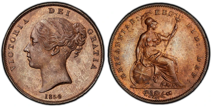 1086827 GREAT BRITAIN. Victoria. (Queen, 1837-1901). 1854 CU Penny. PCGS MS63BN (Brown).  VICTORIA DEI GRATIA. Head left / BRITANNIAR: REG: FID: DEF:. Britannia seated right. KM 739. Ornamental trident; SCBC 3948; Peck 1507.

Please use this link ...