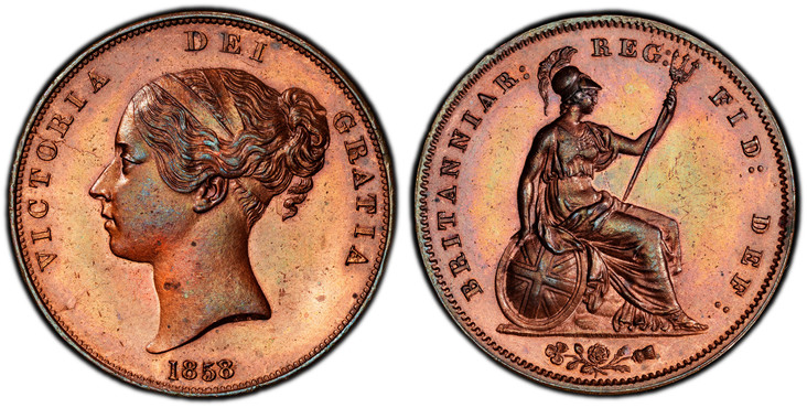 1086833 GREAT BRITAIN. Victoria. (Queen, 1837-1901). 1858/7 CU Penny. PCGS MS63RB (Red-Brown).  VICTORIA DEI GRATIA. Head left / BRITANNIAR: REG: FID: DEF:. Britannia seated right. KM 739; SCBC-3948; Peck 1516.

Please use this link to verify the ...