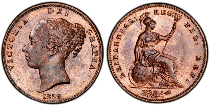 1086834 GREAT BRITAIN. Victoria. (Queen, 1837-1901). 1858 CU Penny. PCGS MS64RB (Red-Brown).  VICTORIA DEI GRATIA. Head, left; without WW on truncation / BRITANNIAR: REG: FID: DEF:. Britannia seated right. KM 739. Large date without W.W.; SCBC-394...