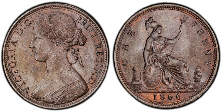 1086837 GREAT BRITAIN. Victoria. (Queen, 1837-1901). 1866 AE Penny. PCGS MS64BN (Brown).  VICTORIA D:G: BRITT: REG: F:D:. Laureate bust left / Britannia seated right. KM 749.2; SCBC-3954; Freeman 52 (Obverse 6 Reverse G).

Toothed border, without ...