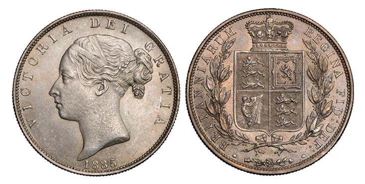 1087971 GREAT BRITAIN. Victoria. (Queen, 1837-1901). 1885 AR Halfcrown. NGC MS64.  Edge: Reeded. VICTORIA DEI GRATIA. Second young head left / BRITANNIARUM REGINA FIE: DEF:. Crowned arms within branches. KM 756; SCBC-3889; ESC-2765 Type A5 (Prev. ...