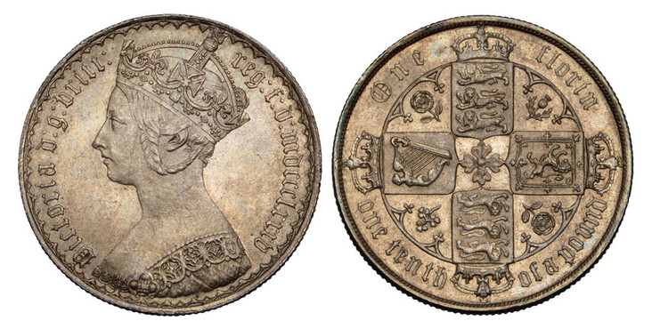 1087974 GREAT BRITAIN. Victoria. (Queen, 1837-1901). 1885 AR Gothic Florin, Two Shillings. NGC MS64.  Queen in crown and decorated dress, legend in Gothic script; Without die number / Crowned shields of England, Scotland and Ireland in cross forma...