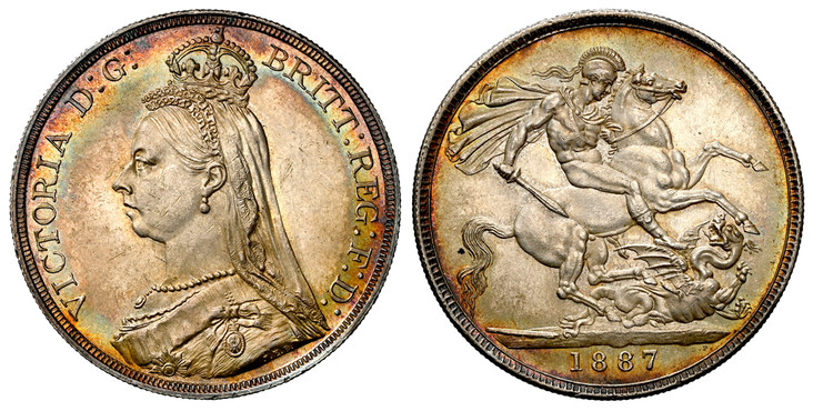 1087447 GREAT BRITAIN. Victoria. (Queen, 1837-1901). 1887 AR Crown. NGC MS64.  Edge: Reeded. VICTORIA D:G: BRITT: REGINA: F:D:. Bust left wearing small crown and veil / St. George slaying dragon right. KM 765; SCBC-3921; ESC-2585 (Prev. ESC-296); ...