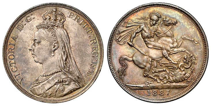 1087448 GREAT BRITAIN. Victoria. (Queen, 1837-1901). 1887 AR Crown. NGC MS64.  Edge: Reeded. VICTORIA D:G: BRITT: REGINA: F:D:. Bust left wearing small crown and veil / St. George slaying dragon right. KM 765; SCBC-3921; ESC-2585 (Prev. ESC-296); ...