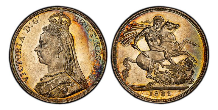 1086814 GREAT BRITAIN. Victoria. (Queen, 1837-1901). 1889 AR Crown. PCGS MS63.  VICTORIA D:G: BRITT: REGINA: F:D:. Bust left wearing small crown and veil / St. George slaying dragon right. KM 765; SCBC-3921; ESC-2589.

Please use this link to veri...