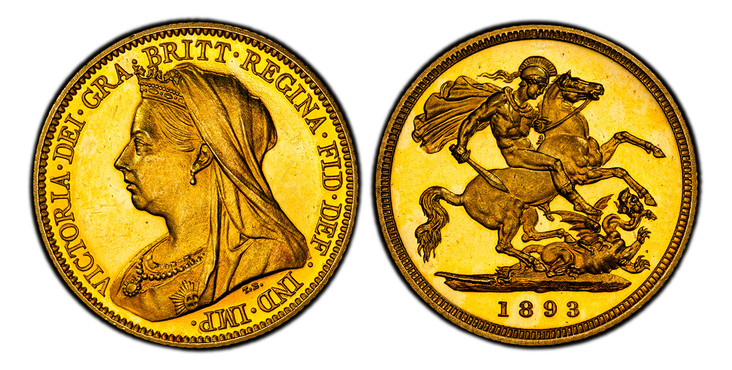 1087258 GREAT BRITAIN. Victoria. (Queen, 1837-1901). 1893 AV Half-Sovereign. PCGS PR63 Cameo.  VICTORIA · DEI · GRA · BRITT · REGINA · FID · DEF · IND · IMP ·. Mature draped bust left / St. George slaying the dragon right. KM 784. Proof; SCBC-3878...