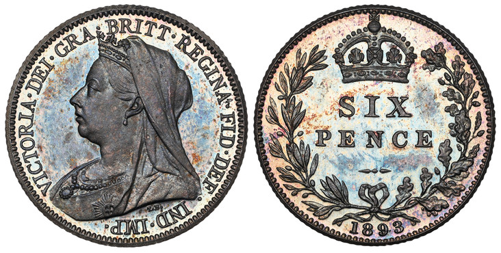 1087962 GREAT BRITAIN. Victoria. (Queen, 1837-1901). 1893 AR Sixpence. NGC PR65.  Edge: Reeded. Bust left wearing small crown and veil / Crowned SIX PENCE in wreath. KM 760; SCBC-3941; ESC-3286 (Prev. ESC-1763).

Please use this link to verify the...