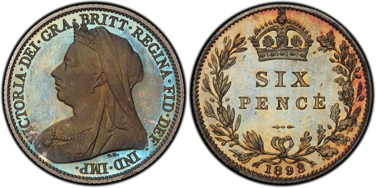 1088063 GREAT BRITAIN. Victoria. (Queen, 1837-1901). 1893 AR Sixpence. PCGS PR66.  Edge: Reeded. VICTORIA · DEI · GRA · BRITT · REGINA · FID · DEF · IND · IMP ·. Mature draped bust left / Crowned denomination within oak wreath. KM 779. Proof; SCBC...
