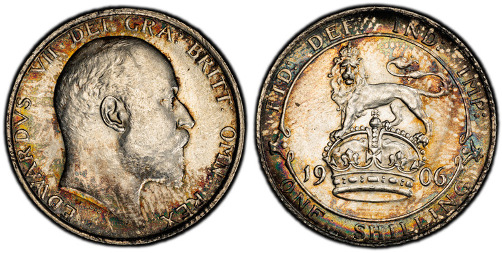 1087987 GREAT BRITAIN. Edward VII. (King, 1901-1910). 1906 AR Shilling. PCGS MS64.  London mint. 24mm. Head right / Lion atop crown dividing date. KM 800; SCBC-3982; ESC-3592 (Prev. ESC-1415); Davies 1557, obverse 2.

Please use this link to verif...