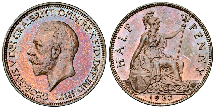1087378 GREAT BRITAIN. George V. (King, 1910-1936). 1933 AE Halfpenny. NGC PR66BN (Brown).  By Bertram MacKennal (Obv.). 25.5mm. Smaller head left / Britannia seated right. KM 837. Proof; cf. SCBC-4058 (Unlisted in Proof).

Currently the finest kn...
