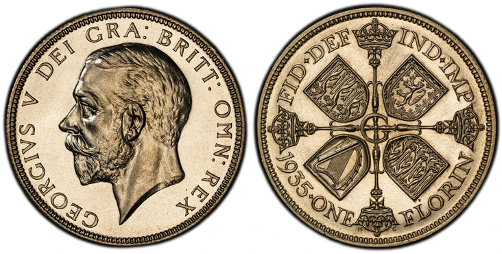 1087323 GREAT BRITAIN. George V. (King, 1910-1936). 1935 AR Florin, Two Shillings. PCGS PR66.  Edge: Reeded. Head left / Cross of crowned sceptres, shields in angles. KM 834. Proof; SCBC-4038.

Please use this link to verify the PCGS certification...