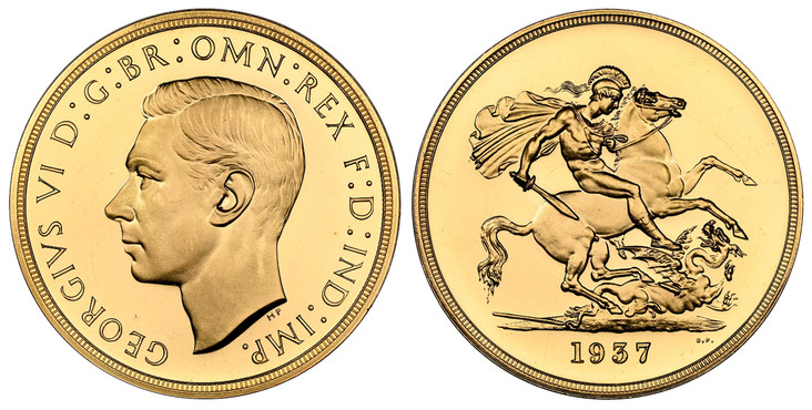 1087944 GREAT BRITAIN. George VI. (King, 1936-1952). 1937 AV Five Pounds. NGC PR65UCAM (Ultra Cameo).  Head left / St. George slaying the dragon. KM 861; SCBC-4074; W&R 435.

From a mintage of just 5,001.

Please use this link to verify the NGC ce...
