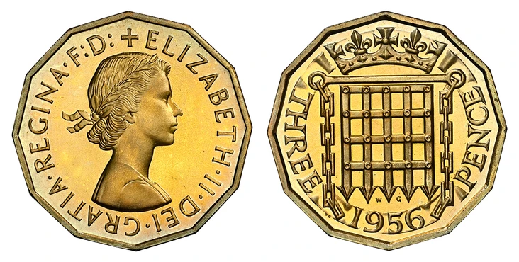 1087381 GREAT BRITAIN. Elizabeth II. 1956 Nickel-Brass Threepence. NGC PR67.  without BRITT OMN. Laureate bust right / Crowned portcullis. KM 900. Proof; cf. SCBC-4153 (Unlisted in Proof), Peck- 496 (Extremely Rare).

Please use this link to verif...