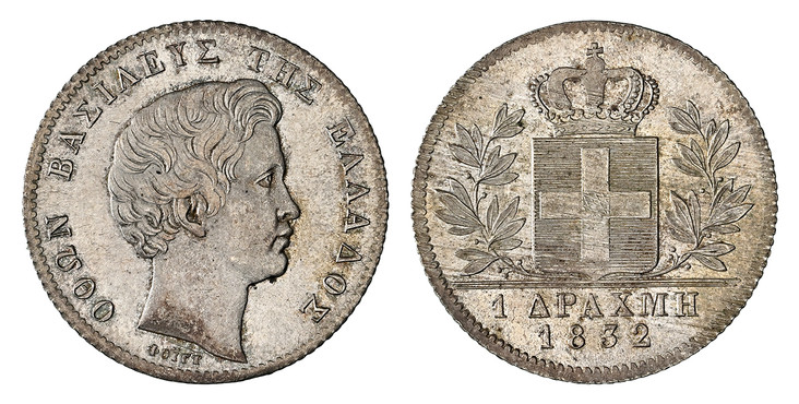 1087567 GREECE. Othon. 1832 AR Drachma. NGC MS64.   ΟΘΩΝ ΒΑΣΙΛΕΥΣ ΤΗΣ ΕΛΛΑΔΟΣ (OTHON KING OF GREECE). Young head right / Crowned arms within branches. KM 15; Divo 12a; Karamitsos 102.

Please use this link to verify the NGC certification number <a...