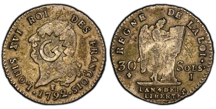 1087529 GUADELOUPE. (1803) AR 50 Sous. PCGS XF40 C/M XF Detailss.  "G". Countermark letter within a fifteen-rayed sun (rather than sixteen) over bust of Louis XVI. Lecompte 14.

Extremely rare. Unlisted countermark on a 30 Sol denomination on a Fr...