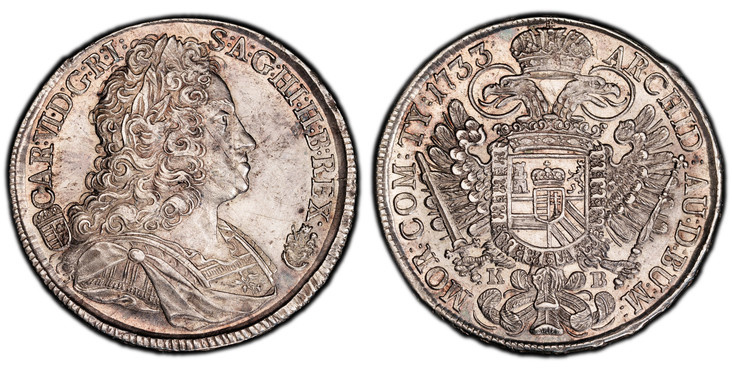 1087140 HUNGARY. Karl VI. 1733-KB AR Thaler. PCGS AU58.  Kremnitz. 28.72gm. CAR: VI · D: G: R: I: - S: A: G: HI: H: B: REX:. Armored laureate bust right / ARCHID: AU: D: BU: M:... Arms within Order chain on eagle's breast. KM 310.1; Dav.-1060;  Vo...