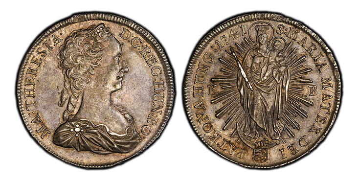 1087141 HUNGARY. Maria Theresia. 1741-KB AR Thaler. PCGS AU58.  Kremnitz. 28.69gm. MA · THERESIA · - D: G: REG: HUN: BO. Bust right with two curls hanging in back / S: MARIA MATER DEI - PATRONA HUNG. Radiant Madonna and child. KM 328.3; Dav.-1125;...