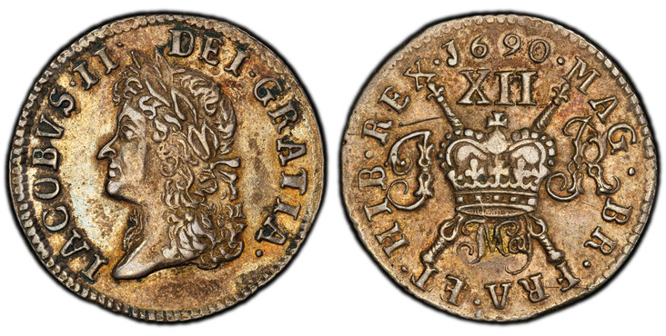 1087305 IRELAND. 1690 May AR Shilling. PCGS PR50.  Head of James II left. KM 100a. Proof; S-6582B5.

Silver Proof "Gun Money" issued as emergency currency by James II upon his flight from England and his arrival in Ireland.
Ex Sydney F. Martin Col...