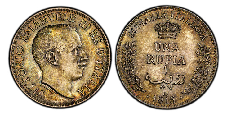 1085805 ITALIAN SOMALILAND. Vittorio Emanuele III. (Emperor, 1900-1946). 1915-R AR Rupia. PCGS MS65.  Rome. 30.27mm. 11.60gm. Head right / Crown above value and date flanked by sprigs. KM 6; Gigante 5.

Please use this link to verify the PCGS cert...