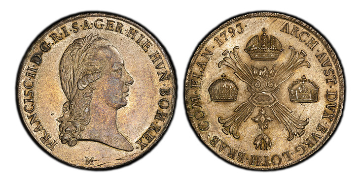 1087142 ITALIAN STATES. Milan. Franz II. 1793-M AR Crocione, Kronenthaler. PCGS MS62.  Milan. Edge: LEGE ET FIDE. 29.52gm. FRANCISC. II. D.G. R. I. S. A. GER. HIE. HVN. BOH. REX. Laureate bust to right, mintmark below / ARCH. AVST. DVX. BVRG. LOTH...