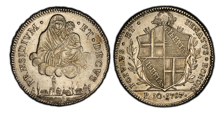 1085698 ITALIAN STATES. Papal States-Bologna. 1797 AR 10 Paoli, Scudo. PCGS AU58.  29.01gm. POPVLVS · ET · SENATVS · BONON ·. Papal arms in sprigs / * PRÆSIDIVM * ET * DECVS *. Larger Madonna with child in clouds above city view. KM 339; Dav.-1359...