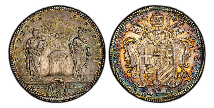 1085700 ITALIAN STATES. Papal States. Clement XIII. (Pontiff, 1758-1769). MDCCLXI-IV (1761) AR Testone, 30 Baiocchi. PCGS MS64.  Rome. 7.95gm. CLEMENS•XIII - PONT•M•A•IV•. Papal arms / S•PETRVS - S•PAVLVS.// MDCC - LXI. St. Peter and St. Paul stan...