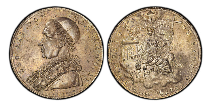 1085703 ITALIAN STATES. Papal States. Leo XII. (Pontiff, 1823-1829). 1825-II-R AR Scudo. PCGS MS62.  Rome. 26.42gm. LEO XII PON... Bust left / AVXILIVM... Seated female in clouds holding cross and church. KM 1297.2; Pagani 131; Gigante 7; B.- 3255...