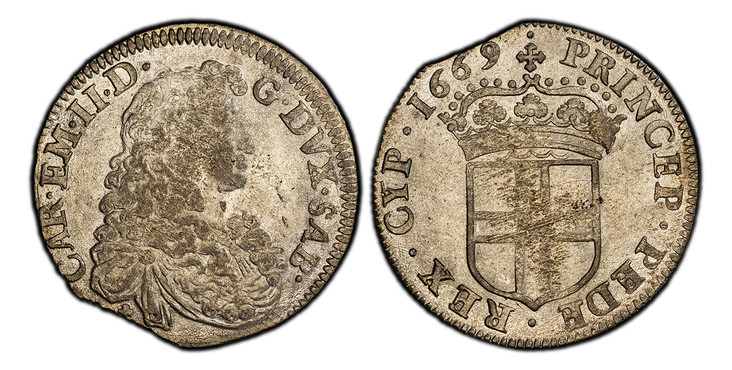 1085801 ITALIAN STATES. Savoy. Carlo Emanuele II. 1669 Billon 5 Soldi. PCGS MS63.  Torino. 27mm. 4.75gm. CAR. EM. II. D. - G. DVX. SAB. Bust to right / PRINCEP. PEDE(MON). REX. CYP. Crowned shield of Savoy arms, date at end of legend. KM 275; MIR ...