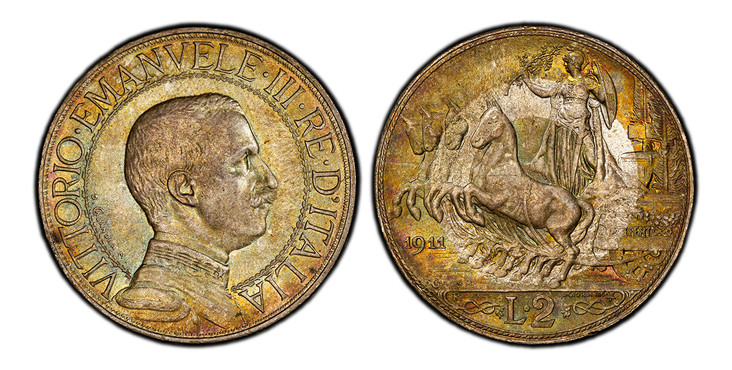 1086065 ITALY. Vittorio Emanuele III. 1911-R AR 2 Lire. PCGS MS65.  By Davide Calandra (Rev.). Rome. 27mm. 9.96gm. Bust right / Quadriga with standing female. KM 46; Bolzanno R45; Gigante 97; Montenegro 148; Pagani 733.
Includes original collector...
