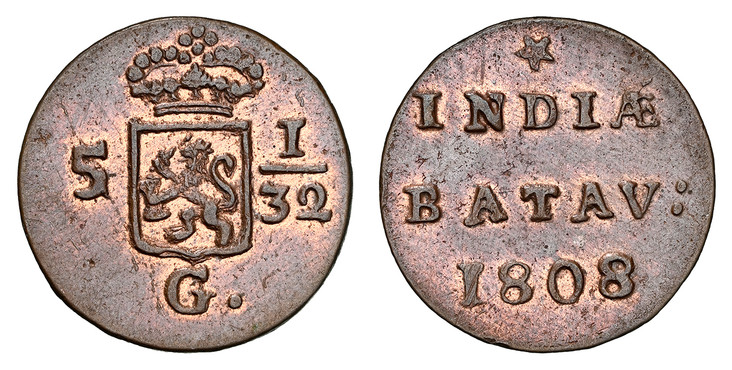 1085766 NETHERLANDS EAST INDIES. 1808-(star) CU Piéfort 1/2 Duit. NGC AU Details Cleaned.  Hoorn. Edge: Plain. 17.5mm. 2.51gm. INDIAE / BATAV:. Inscription, date below / Crowned States General arms divide value 5 - 1/32, G. below. KM 75; Scholten ...