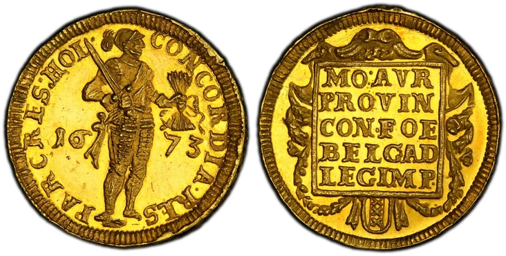 1080751 NETHERLANDS. Holland. 1673 AV Piéfort 4 1/2 Ducaten. PCGS MS63.  Edge: D • GEDACHTENIS • V • D • MUNTE • V • AMSTERDAM. . 15.97gm. CONCORDIA • RES - PAR CRES • HOL - •. Knight standing to right with sword over his shoulder in his right han...