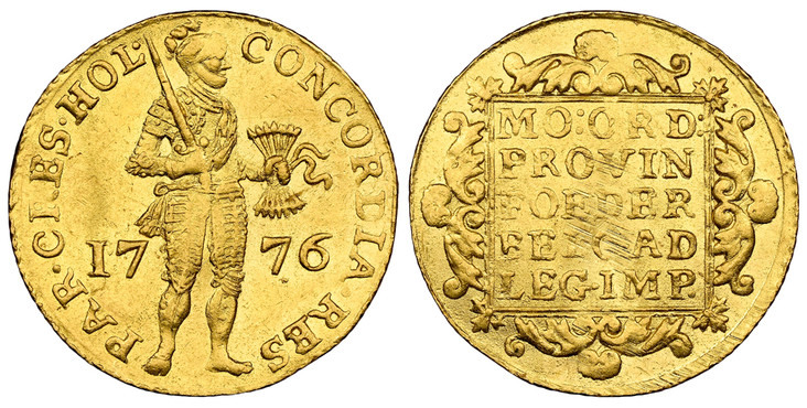 1087949 NETHERLANDS. Holland. 1776 AV Ducat. NGC MS61.  Edge: Reeded. CONCORDIA · RES  PAR · CRES · HOL ·. Armored, standing Knight holding bundle of arrows divides date without inner circle / MO:ORD:/ PROVIN./ FOEDER BELGAD/ LEGIMP. Inscription w...