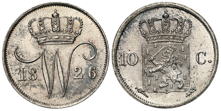 1085744 NETHERLANDS. William I. 1826-(Torch) AR 10 Cents. NGC MS65.  Ultrecht. Edge: Plain. Crowned W divides date / Crowned arms divides value. KM 53; Sch.-311.

Standard Coinage. Privy mark Ultrecht: Torch. Brussels: Palm branch.

Please use thi...
