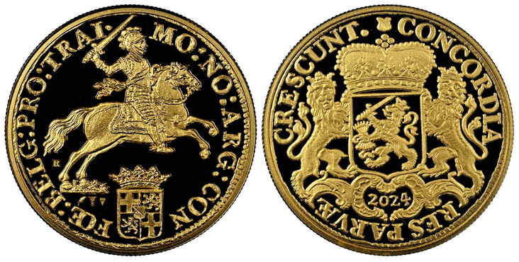 1087950 NETHERLANDS. Willem-Alexander. (King, 2013-present). 2024-R (bird) (caduceus)(heart) AV Piéfort Ducaton (Restrike). NGC PR70UCAM (Ultra Cameo).  Royal Dutch Mint. Edge: Reeded. 38mm. MO · NO · ARG · CON - FOE · BELG · TRAI ·(shield). Armor...