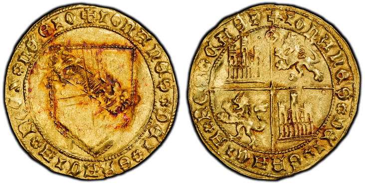 1087082 SPAIN. Castile & León. Juan II. (King, 1406-54). (1406-54)-S (at top of reverse cross) AV Dobla de la Banda. PCGS MS61.  Seville mint. 4.58gm. Coat-of-arms / Quartered arms of Castile and Leon with S mintmark at top of cross. Fr.-112; C./C...