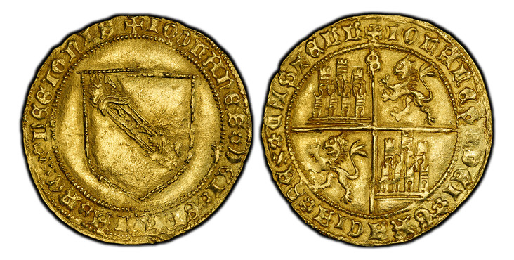 1087180 SPAIN. Castile & León. Juan II. (King, 1406-54). (1406-54)-S (at top of reverse cross) AV Dobla de la Banda. PCGS MS62.  Seville mint. 4.55gm. Coat-of-arms / Quartered arms of Castile and Leon with S mintmark at top of cross. Fr.-112; Cayo...