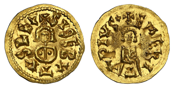 1087185 SPAIN. Visigothic. Sisebut. (King of the Visigoths and ruler of Hispania, Septimania and Galicia, 612-621 AD). 612-621 (ND) AV Tremissis. NGC MS66.  Emerita (Lusitania). 1.50gm. SISEBYTVS RE+ (REX). Facing bust / +EMERI-T-A PIVS. Facing bu...
