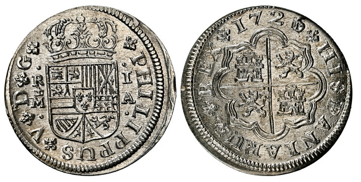 1087429 SPAIN. Philip V. 1726/1-(Crowned M) A AR Real. NGC MS67.  Madrid. PHILIPPVS · V · D · G · ... Crowned arms / Cross with castles and lions in angles in octolobe. KM 298.

Struck from roller dies. Currently the finest known at NGC as of May ...