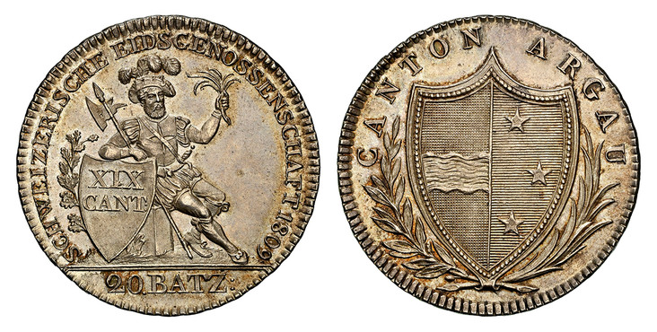 1087578 SWISS CANTONS. Aargau. 1809 AR 20 Batzen. NGC MS65.  Bern. CANTON ARGAU. Pointed shield within sprigs / SCHWEIZERISCHE EIDSCENOSSENSCHAET. Seated knight, shield, value. KM 17; D.T. 191; HMZ 2-20b.

Please use this link to verify the NGC ce...