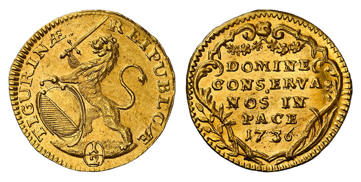 1087591 SWISS CANTONS. Zurich. 1736/4 AV 1/2 Ducat. NGC MS62.  1.73gm. RESPUBLICÆ TICURINÆ ·. Oval arms of Zurich supported by rampant lion at right / DOMINE / CONSERVA / NOS IN / PACE ·. Inscription, date within ornamented cartouche. KM 139; Fr.-...