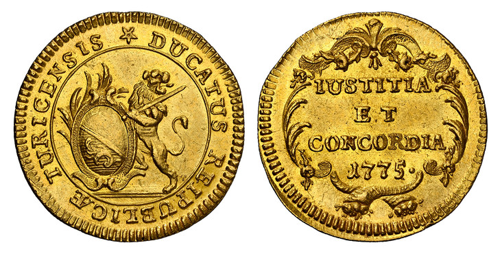 1087593 SWISS CANTONS. Zurich. 1775 AV Ducat. NGC MS63.  3.45gm. REIPUBLICÆ TURIVENSIS * DUCATUS. Oval arms of Zurich with palm branch at left, supported by rampant lion at right, within circle / IUSTITIA / ET / CONCORDIA. Inscription, date within...