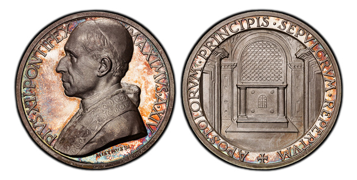 1087284 VATICAN CITY. Pius XII. (Pontiff, 1939-1958). An XIV (1952) AR Medal. PCGS SP65.  By Aurelio Mistruzzi. Edge: Plain. PIVS XII PONTIFEX - MAXIMVS A XIV. Bust, left; signed below truncation / APOSTOLORVM PRINCIPIS SEPVLCRVM REPERTVM. The Vat...