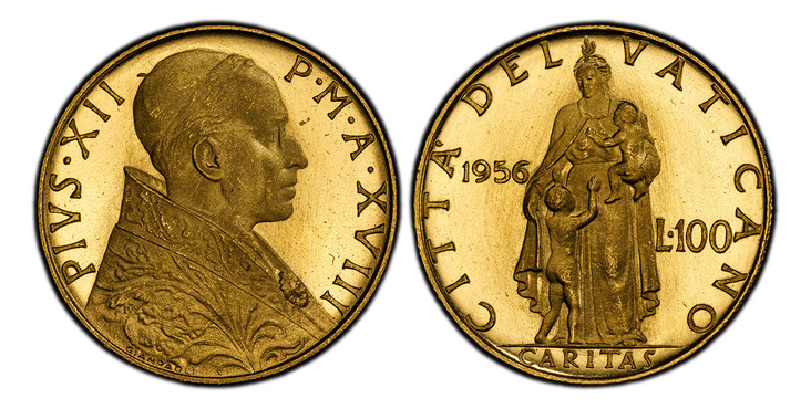 1085810 VATICAN CITY. Pius XII. (Pontiff, 1939-1958). 1956/XVIII AV 100 Lire. PCGS MS66.  Rome. 21mm. 5.19gm. A. Bust right / Caritas standing facing holding child with another at feet. KM 53.2; Berman 3404; Gigante 114; Montenegro  525; Pagani 72...