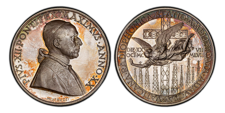 1087288 VATICAN CITY. Pius XII. (Pontiff, 1939-1958). An XX "1957" (1958) AR Medal. PCGS SP65.  By Aurelio Mistruzzi. Edge: Plain. PIVS XII PONTIFEX MAXIMVS ANNO XX. Bust, right; signed below / CHRISTIANO POPVLO RECTOR ET PAT ER DATVS VI NON MART ...