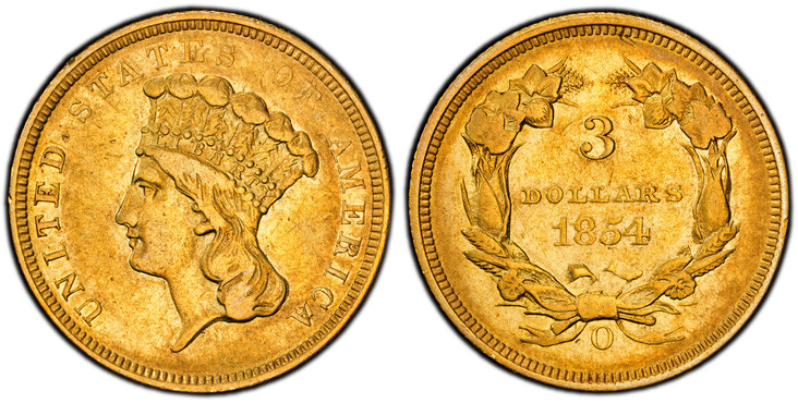 1086165 UNITED STATES OF AMERICA. 1854-O AV $3 Dollars. PCGS XF45.  U.S. Mint, New Orleans. 20.5mm. 5.02gm. UNITED STATES OF AMERICA. Indian head with headdress, left / Value, date within wreath. KM 84; Friedberg 126.

Please use this link to veri...