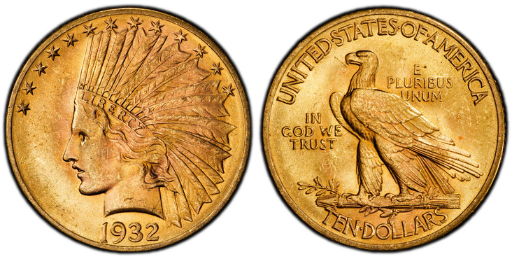 1086377 UNITED STATES OF AMERICA. 1932 AV $10, Eagle. PCGS MS65.  By Augustus Saint-Gaudens. U.S. Mint, Philadelphia. Liberty wearing Native American war bonnet, left; 13-stars above and date below / UNITED STATES OF AMERICA// IN GOD WE TRUST// E ...