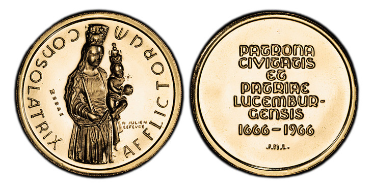 1082961 LUXEMBOURG. Jean. (Grand Duke, 1964-2000). 1966 AV Essai Medallic 40 Francs. PCGS SP67.  By N. Julien Lefèvre. Standing figure of the crowned Madonna with crowned Christ child to right; stamped ESSAI in left field / Seven-line inscription ...