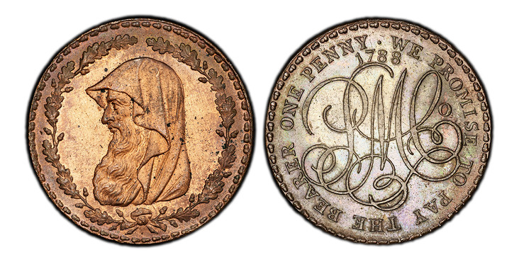 1083946 GREAT BRITAIN. Wales, Anglesey. 1788 CU Penny Token. PCGS MS64RB (Red-Brown).  Edge: ON DEMAND IN LONDON, LIVERPOOL OR ANGLESEY. Druid's head in thin wreath, four acorns at tie / Date above monogram of Parys Mines Company, PMCo. D & H 135 ...